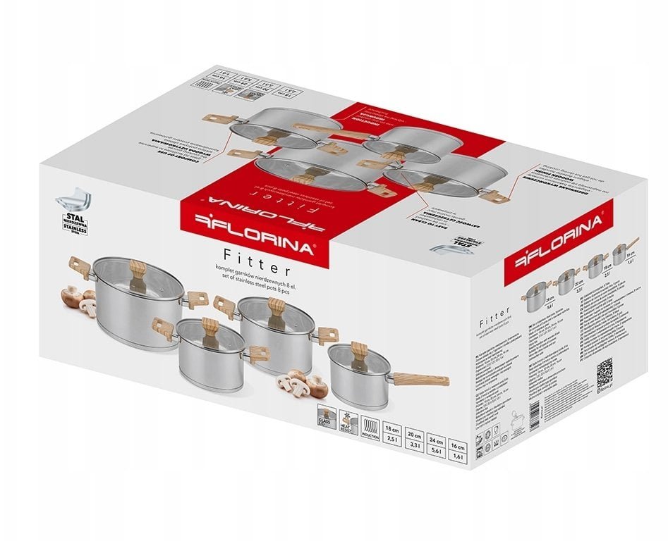 ZESTAW GARNKÓW FITTER INOX 8 CZ. UCHWYTY DREWNIANE, 1,6L 2,5L 3,3L 5,6L +POKRYWKI
