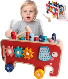 DREWNIANA KOSTKA EDUKACYJNA SORTER SŁOŃ MONTESSORI Ciągacz Przebijanka Drewniana Tłuczek Młotek - Zabawki sensoryczne - miniaturka - grafika 1