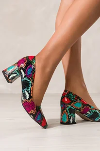 Wielokolorowe czółenka skórzane damskie na szerokim klocku wzór wężowy PRODUKT POLSKI Casu 2801 - Czółenka - miniaturka - grafika 1