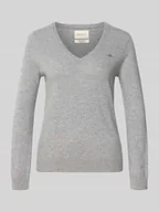 Swetry damskie - Sweter z dzianiny z mieszanki wełny jagnięcej z dekoltem w serek - miniaturka - grafika 1