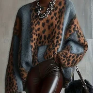 Swetry damskie - TEMU Zimowy Sweter z Kołnierzem - Kurtka Sweterowa w Stylu Płaszcza - Szaro-Brązowy z Wzorem w Cętki, Miękki, Średnio Elastyczny Trencz na Co Dzień i - miniaturka - grafika 1