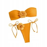 Stroje kąpielowe - Strój Kąpielowy Bikini Dwuczęściowy Z Ozdobnymi Kwiatami Bandeau Orange S - miniaturka - grafika 1