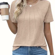 Bluzki damskie - TEMU Damska swobodna letnia koszulka - jednokolorowa, okrągły dekolt, krótki rękaw, wygodny luźny krój, ciemnoniebieska, mieszanka poliestru, można - miniaturka - grafika 1