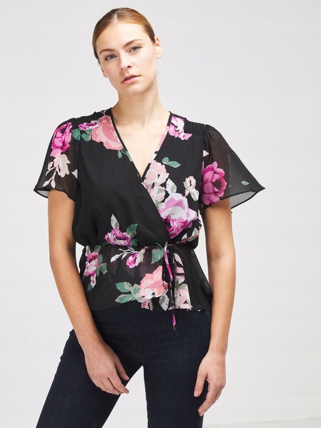 GUESS BLUZKA CZARNA KWIATY MARSZCZENIA L 1Z4E1_A*