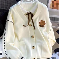 Swetry damskie - TEMU Elegancki kardigan z dekoltem w serek i haftem brązowego niedźwiedzia - miniaturka - grafika 1