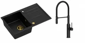 Zlewozmywaki z baterią - Quadron Zlewozmywak granitowy jednokomorowy 78*50*22 cm z ociekaczem MORGAN 111 PURE CARBON czarny ze złotym odpływem z baterią MARILYN Q LINE PURE CARBON z ruchomą wylewką kolor czarny - miniaturka - grafika 1