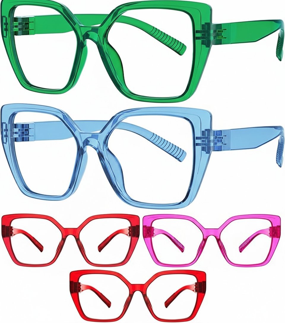 Okulary do czytania damskie kocie oczy duże zestaw 5 par bez śrub +1,25 Dio