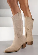 Botki damskie - Ciemnobeżowe Botki Typu Kowbojki na Stożkowym Obcasie Naladia - miniaturka - grafika 1