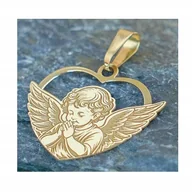 Wisiorki - Złoty Medalik Na Chrzest Aniołek w Sercu próba 585 Komunia Chrzest GRAWER - miniaturka - grafika 1