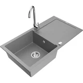 Zlewozmywaki z baterią - Mexen Leo zlewozmywak granitowy 1-komorowy z ociekaczem i baterią kuchenną Telma, szary - miniaturka - grafika 1