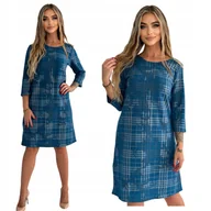 Sukienki - TURKUSOWA ŚLICZNA PROSTA SUKIENKA W KRATKĘ ROZMIAR 38 - miniaturka - grafika 1