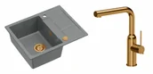 Zlewozmywaki z baterią - Quadron Unique Zlewozmywak granitowy jednokomorowy 62*50*22 cm z ociekaczem MORGAN 116 SILVER STONE z syfonem Push-2-Open w kolorze miedzianym z baterią ANGELINA Q LINE z wyciąganą wylewką kolor miedziany - miniaturka - grafika 1