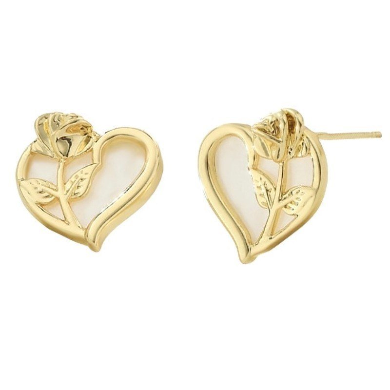Kolczyki Ze Stali Szlachetnej Pozłacanej 14K Złotem, Serce Róża Sztyft Srebro S925 Kst3368