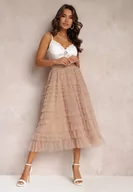 Spódnice - Beżowa Spódnica Midi z Tiulowymi Falbankami Kontha - miniaturka - grafika 1
