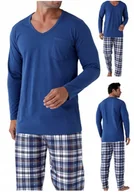 Piżamy damskie - Męska piżama niebieska bluzka serek i spodnie do spania kratka L - miniaturka - grafika 1