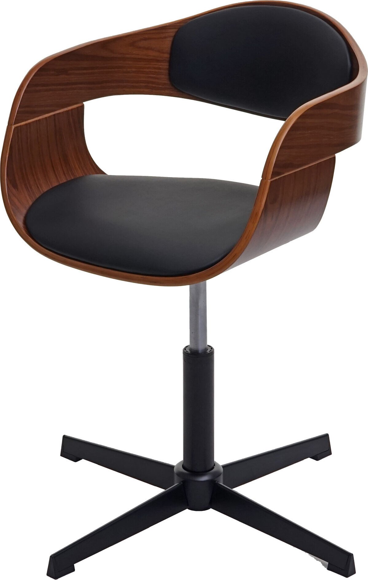 Krzesło do jadalni HWC-H46, krzesło kuchenne, mechanizm obrotowy z regulacją wysokości drewno gięte ~ wygląd orzecha, sztuczna skóra czarna