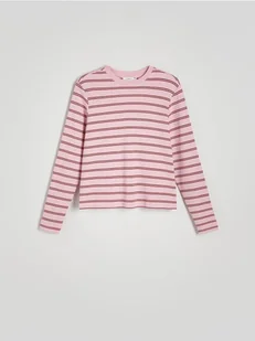 Reserved - Longsleeve z merceryzowanej bawełny - intensywny róż - Bluzki damskie - miniaturka - grafika 1