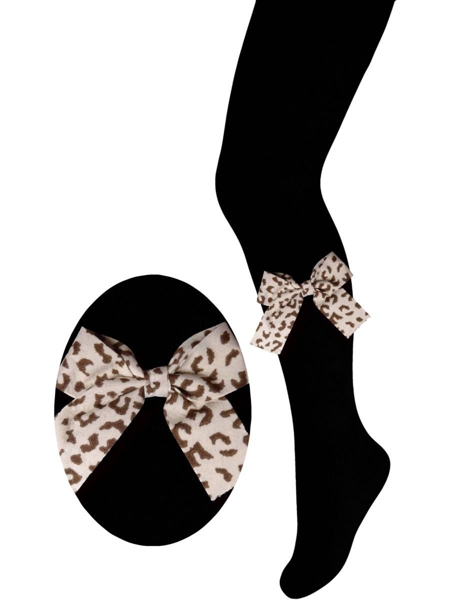 Rajstopy dziecięce bawełniane ecru kokardką w panterkę Milusie r.140/146