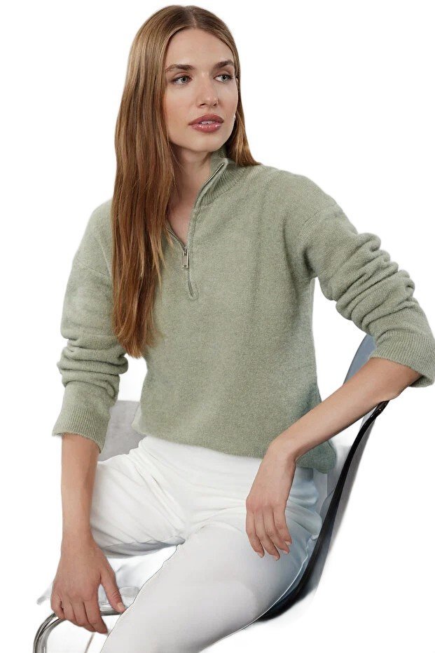 TRENDYOL SWETER DAMSKI Z ZAMKIEM I STÓJKĄ W KOLORZE ZIELONYM M 5EA*