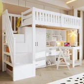 Łóżka dla dzieci i młodzieży - Łóżko piętrowe 90 x 200 cm z szafą, biurkiem i 3 szufladami - Drewno sosnowe + MDF + sklejka - Białe (Materac nie jest wliczony w cenę) - miniaturka - grafika 1