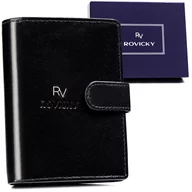 Portfele - Elegancki portfel męski na karty z ochroną RFID ze skóry naturalnej zapinany Rovicky, czarny - miniaturka - grafika 1