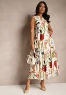 Sukienki - Beżowa Rozkloszowana Sukienka z Bawełny w Kwiatowy Wzór Ilanis - miniaturka - grafika 1