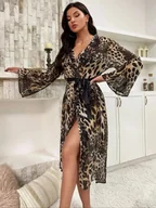 Szlafroki damskie - Długi szlafrok damski w panterkę - Brązowy - miniaturka - grafika 1