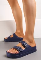 Klapki i japonki damskie - Granatowe Klapki na Platformie z Szerokimi Paskami Ozdobionymi Klamrami Ximelle - miniaturka - grafika 1