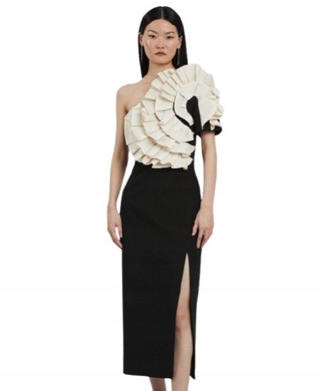 KAREN MILLEN PETITE CZARNA SUKIENKA MIDI Z FALBANĄ I ROZCIĘCIEM 38 B1C