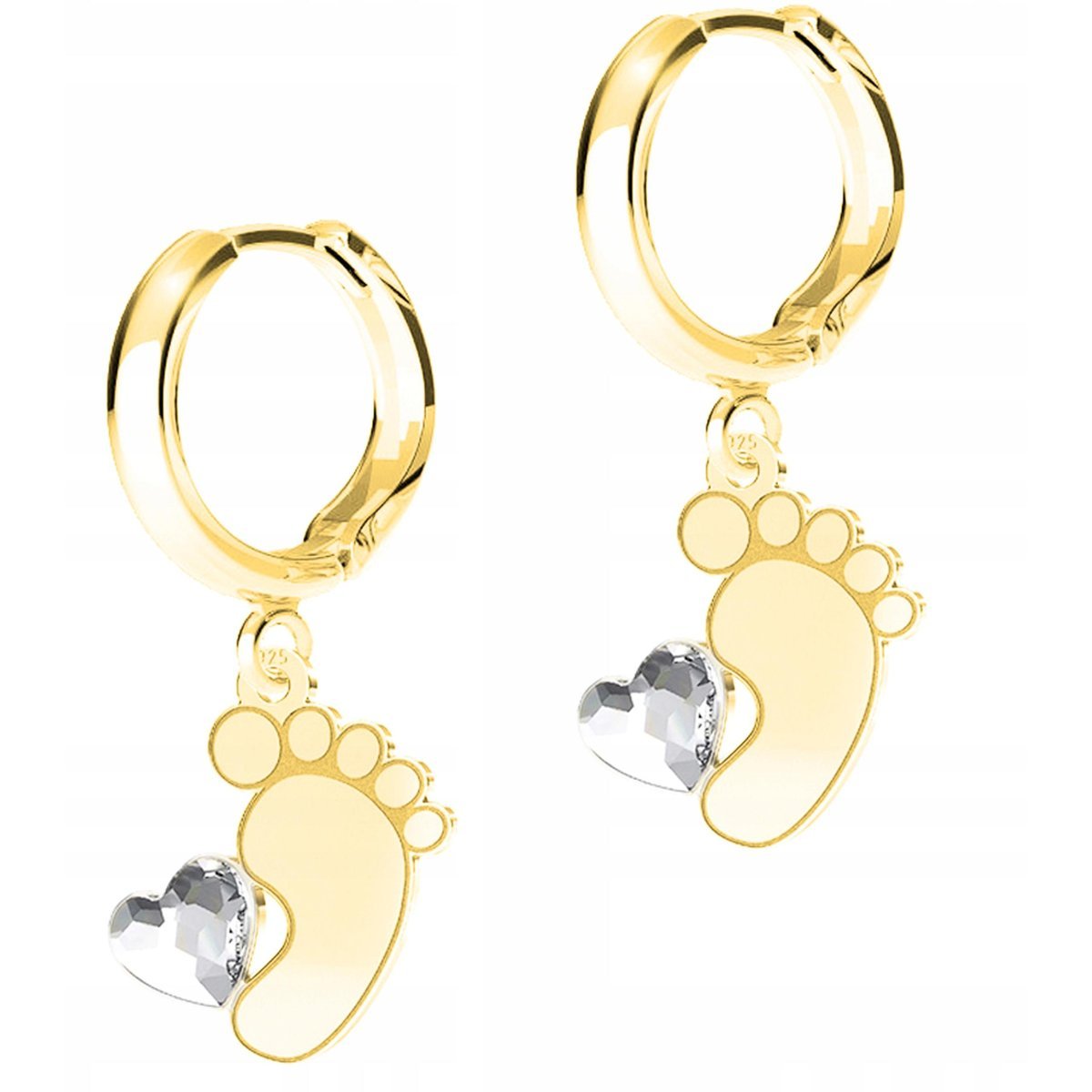 Złote Kolczyki Stopy Stópki Dziecka z Cyrkonią Serca Stopa SREBRO 925