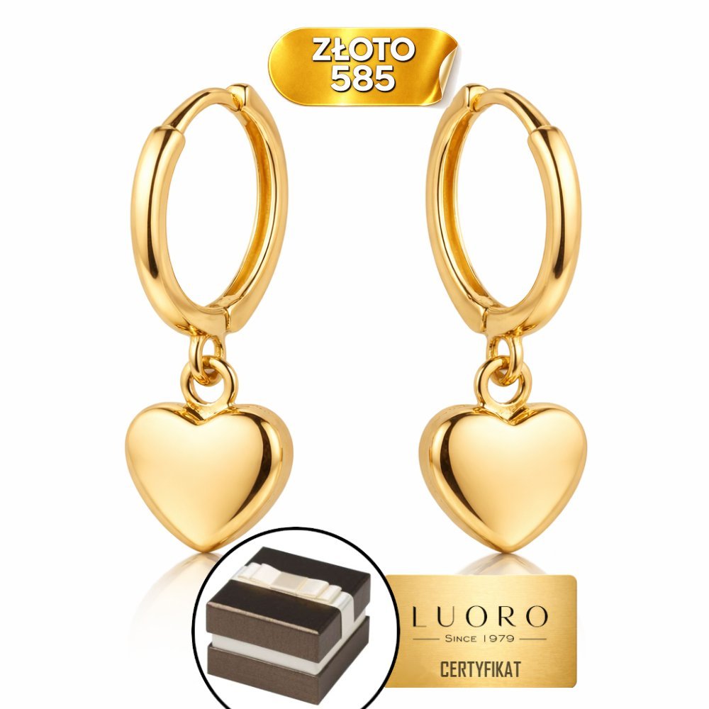 KOLCZYKI ZŁOTE 585 14K SERCE ZAWIESZONE NA KÓŁKU 20 MM ELEGANCKIE