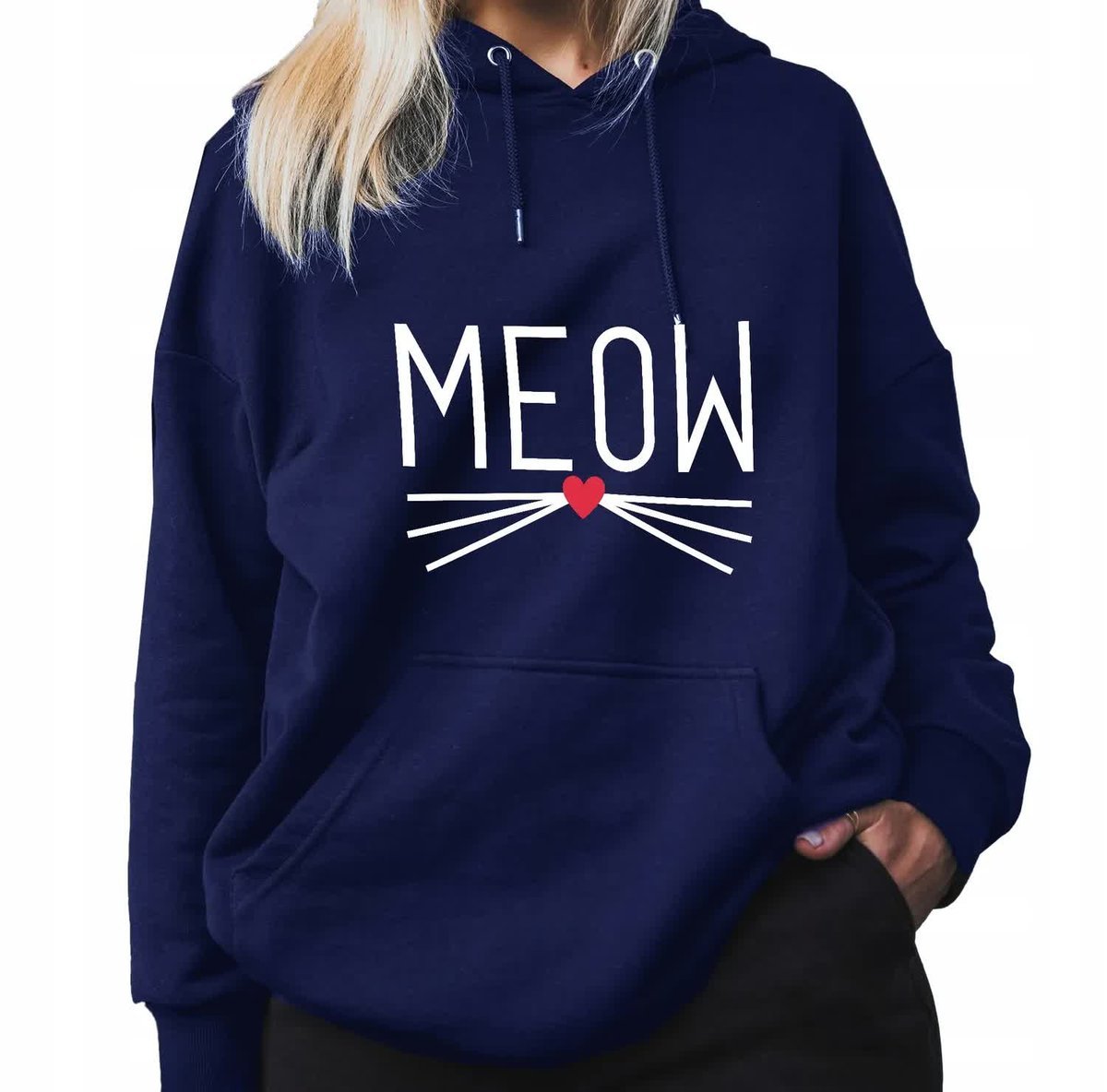 Granatowa Bluza Damska Z Kapturem MEOW Modna Stylowa Piękne Kobiece Wz - S