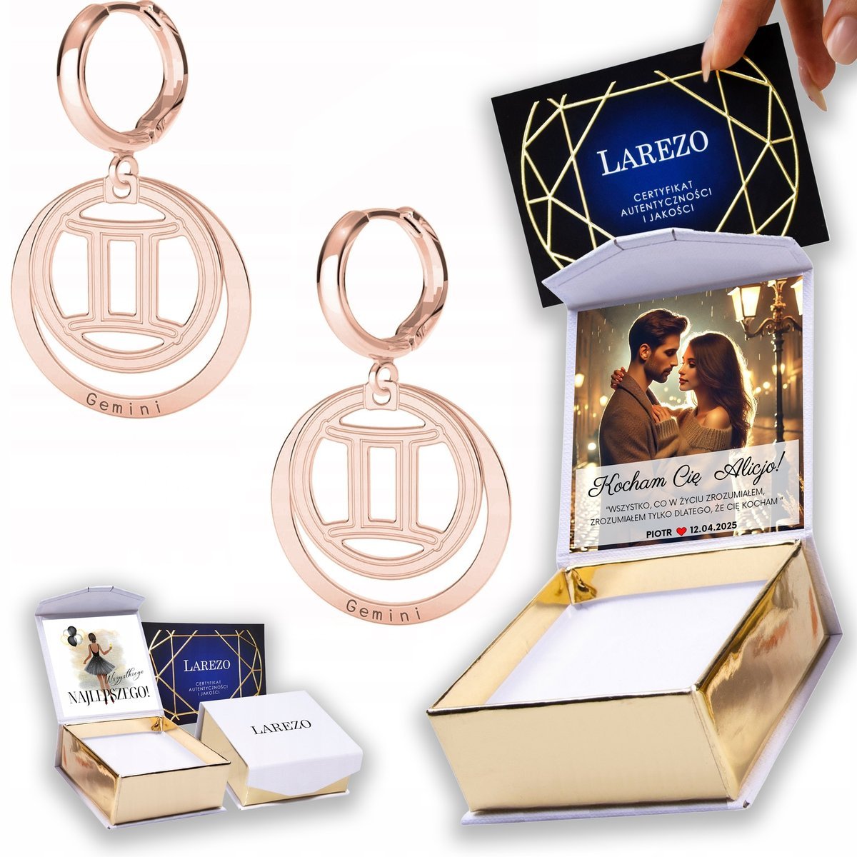 Kolczyki Pozłacane 925 Znak Bliźnięta ze Znakiem Gemini Zodiakalne NADRUK