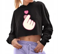 Bluzy damskie - Bluza Damska Czarna Krótka Z Kapturem HEART Crop Hit KPOP - Rozmiar L - miniaturka - grafika 1
