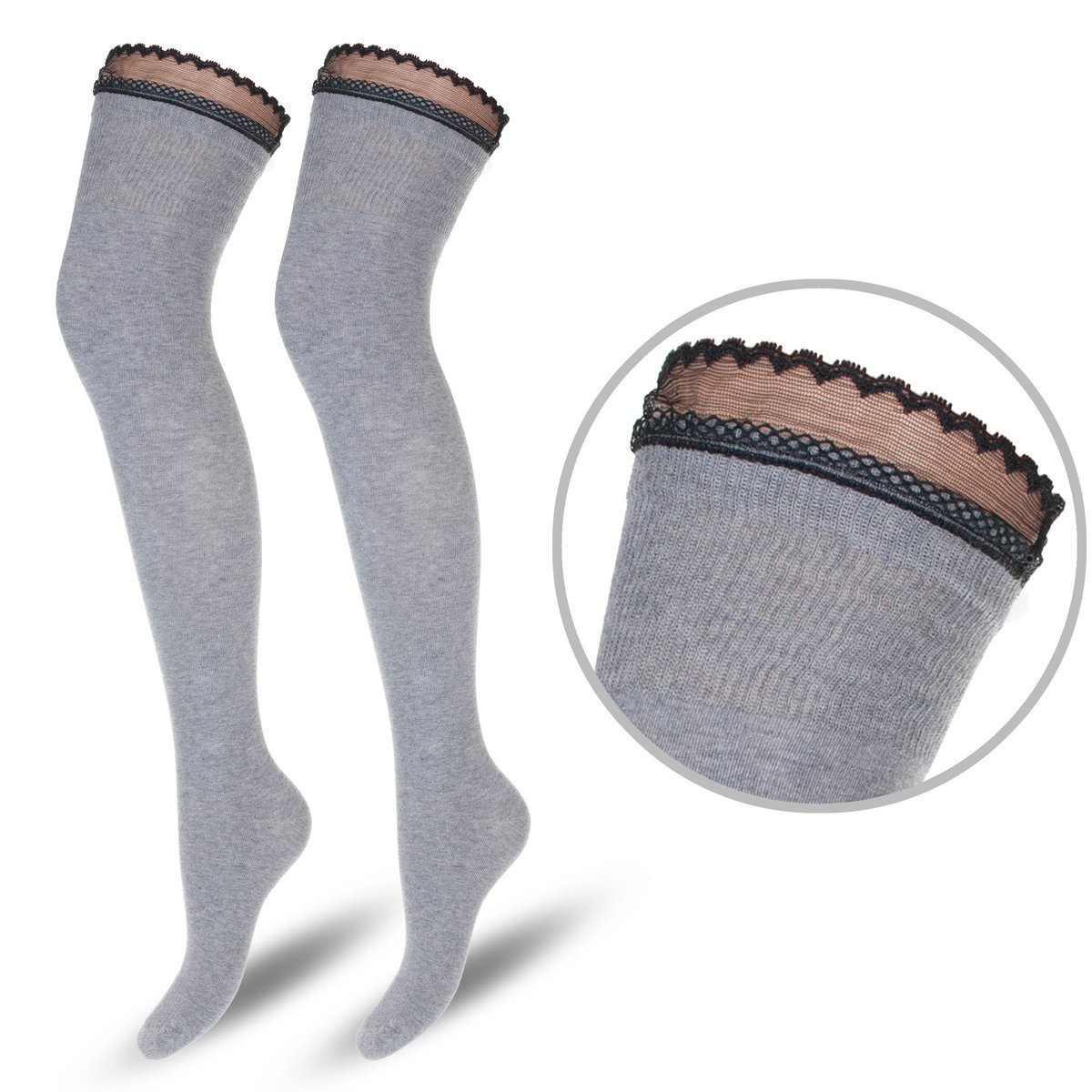 Zakolanówki Bawełniane Z Wąską Koronką 0934.000, Kolor Czarny, Rozmiar 37-41-37-41