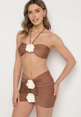 Stroje kąpielowe - Brązowe Bikini Góra z Paskami na Szyję i Kwiatami 3D z Dodatkową Spódniczką Renzi - miniaturka - grafika 1