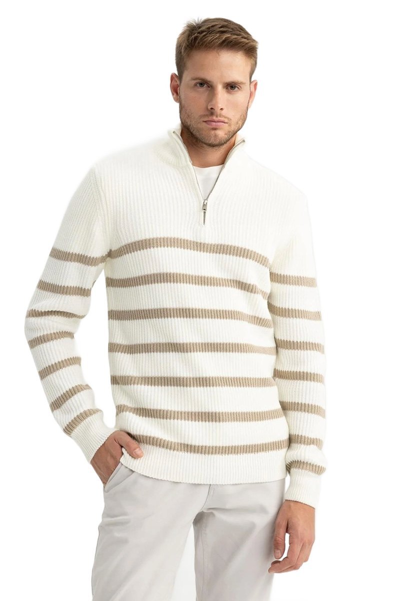 DEFACTO SWETER MĘSKI W PASKI Z PÓŁGOLFEM I ZAMKIEM BIAŁY BEŻ L 5DA