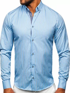 Koszule męskie - Błękitna koszula męska w paski z długim rękawem Bolf 22730 - grafika 1