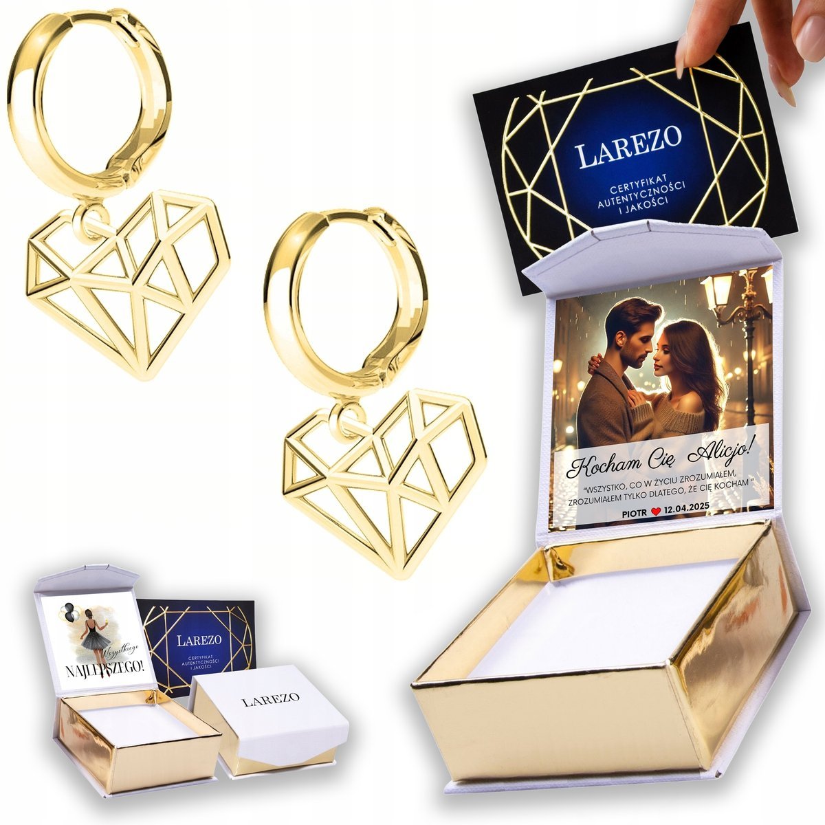 Złote Kolczyki 925 Ażurowe Serca Serduszka Love Hearts Serce NADRUK