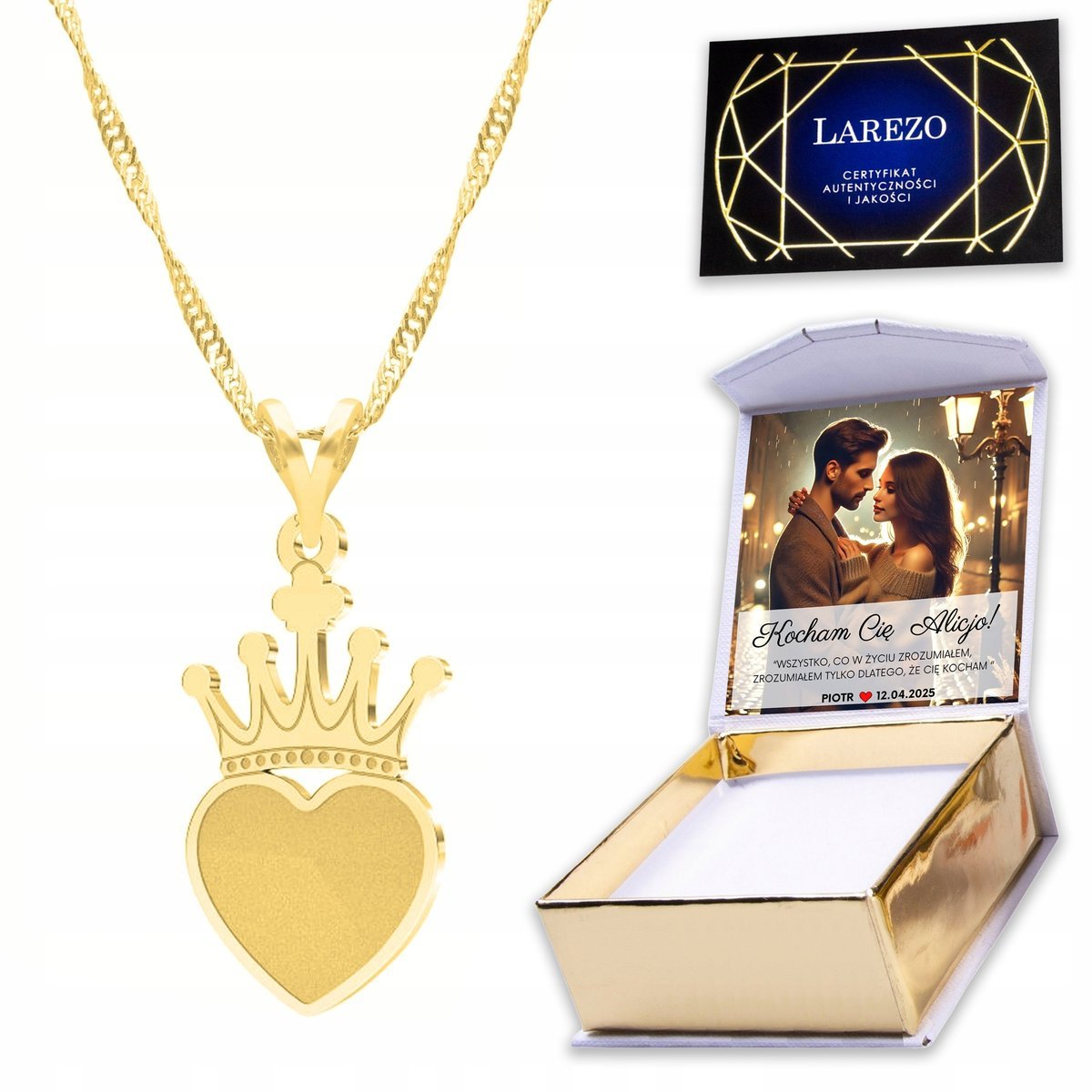 Złoty Naszyjnik 925 z Sercem Serduszkiem Heart Serce Serduszko Love NADRUK