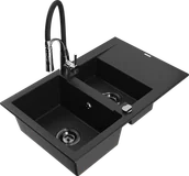 Zlewozmywaki z baterią - Mexen Gaspar zlewozmywak granitowy 1,5-komorowy z ociekaczem i baterią kuchenną Aster, czarny - 6507-77-73450-07-B - miniaturka - grafika 1