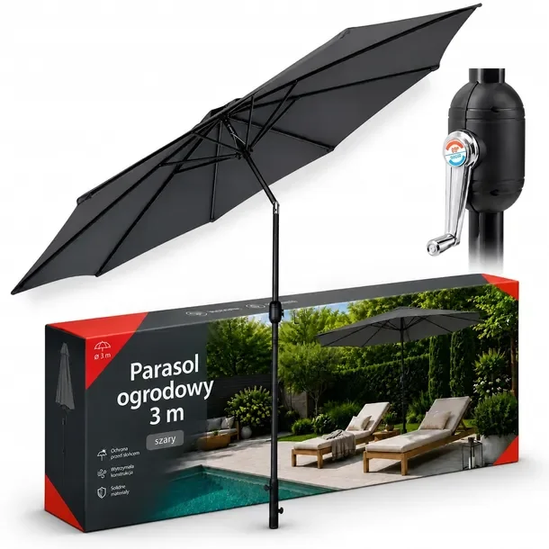 PARASOL Ogrodowy Przeciwsłoneczny Solidny Duży 3m na Korbę Szary 8 RAMION