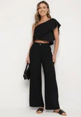 Komplety damskie - Czarny Komplet z Wiskozą Asymetryczny Top z Falbanką i Szerokie Spodnie Niraleine - miniaturka - grafika 1
