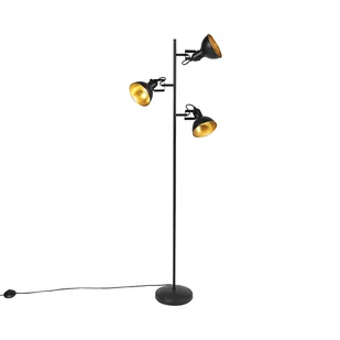 QAZQA Industrialna lampa podłogowa czarna ze złotym wnętrzem 3-źródła światła - Tommy - Lampy stojące - miniaturka - grafika 1