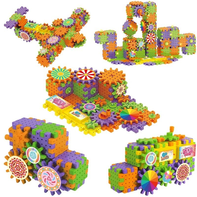 Edukacyjny zestaw klocków konstrukcyjnych koła zębate z napędem elektrycznym - 130 elementów, klocek napędowy, efekty świetlne, podstawy mechaniki i..