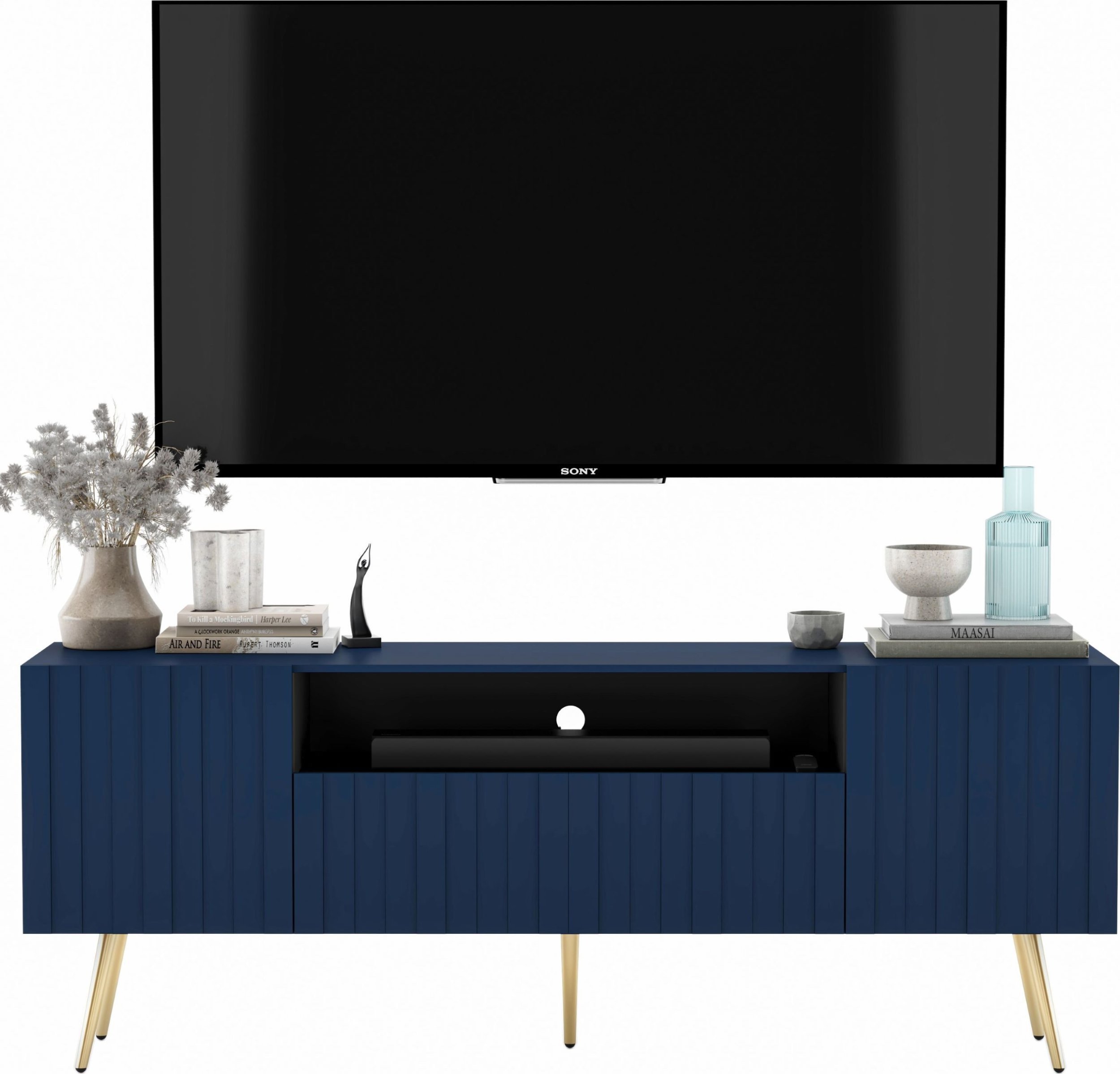 Meble Lindner Meble Lindner Loft Szafka RTV Granatowy Mat Nowoczesna Komoda RTV Glamour 150 cm Ryflowane fronty Nogi Złote Metalowe