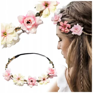 Opaska Do Włosów Wianek Na Głowę Z Kwiatami Boho Damski Białe Różowe Kwiaty - Ozdoby do włosów - miniaturka - grafika 1