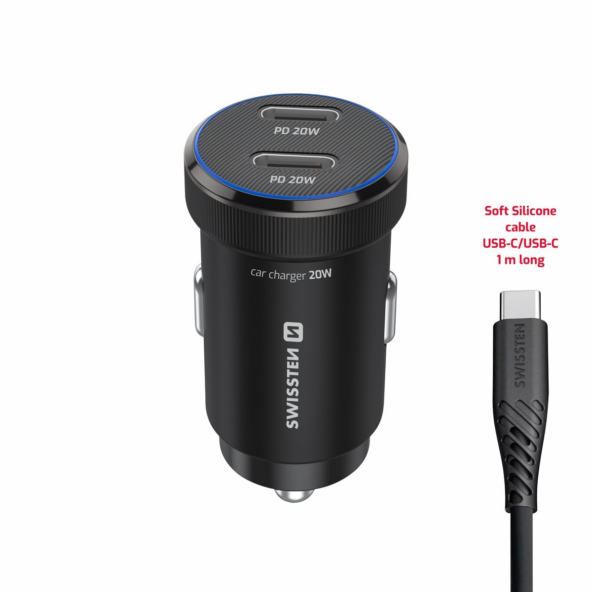 SWISSTEN Ładowarka Samochodowa 2x USB-C PD 20W + Kabel USB-C 1m czarna