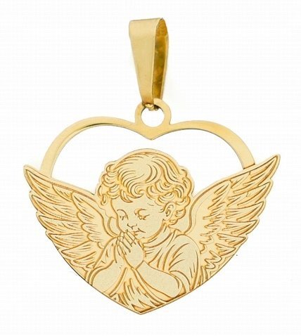 Złoty wisiorek Na Chrzest Aniołek w Sercu próba 585 Komunia Chrzest GRAWER