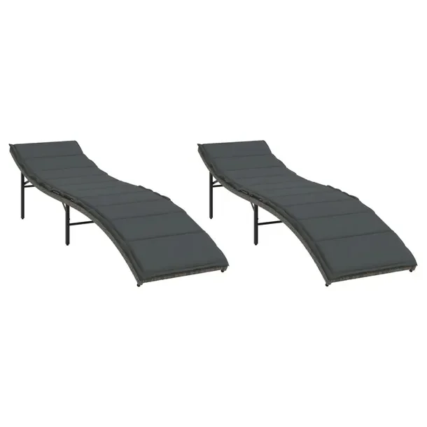 Leżaki ogrodowe szare z poduszkami, rattan PE, 55 x 199 x 50-89 cm
